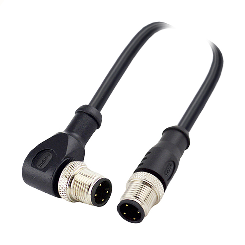 M12 4pins A code male straight to male right angle molded cable,unshielded,PVC,-10°C~+80°C,22AWG 0.34mm²,brass with nickel plated screw